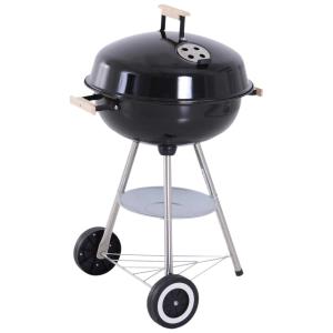 Outsunny® Barbacoa de Carbón Vegetal con Ruedas Parilla de Carbón BBQ Portátil Tapa y Tazón Esmaltados Mangos de Madera 48x56x85cm para Jardín Exterior Picnic Acampada