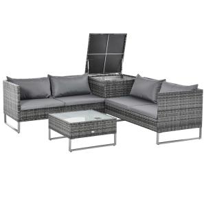 Outsunny Conjunto de 4 Muebles de Jardín de Ratán con 2 Sofás Dobles Mesa Central Mesa con Arcón Cojines Extraíbles para Terraza Exterior 132x69x64 cm Gris