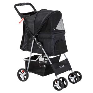PawHut Cochecito Plegable Mascotas 75×46×94 cm Perro Gato Carrito Ruedas Giran 360 grados con Freno Negro