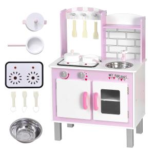 HOMCOM Cocinita de Juguete con Función de Sonido Armario Ganchos 5 Accesorios Incluidos Cocina Infantil Educativo para +3 Años Madera 55x30x80 cm Rosa