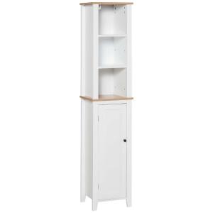 Kleankin Armario Alto para Baño Mueble Columna de Baño con 3 Estantes Abiertos y Armario de Puerta Balda Ajustable Interior Carga Máx. 40kg 35x30x170 cm Blanco