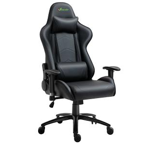Vinsetto Silla Gaming Ergonómica Silla para Gamers Silla de Juego Giratoria Ajustable en Altura con Reposabrazos Regulable Reposacabezas y Cojín Lumbar Cuero Sintético 73x71x128-136 cm Negro