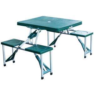 Outsunny Mesa Plegable para Camping con 4 Asientos y Orificio Sombrilla Estructura Aluminio Playa Picnic 84,5x64,5x66cm Verde