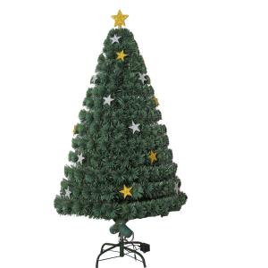 HOMCOM Árbol de Navidad Artificial Árboles de Abeto 180cm con Soporte Decoraciones Navideñas Copos de Estrella Fibra Óptica Brillante LED