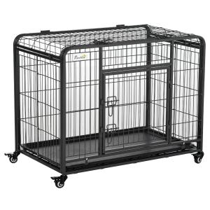 PawHut Jaula de Metal para Perros Plegable con Ruedas y Frenos Bandeja Extraíble y Puerta con Pestillos para Golden Retriver Labrador 125x76x81 cm Gris Oscuro