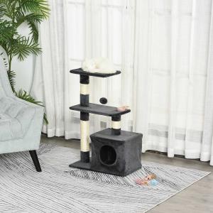 PawHut Árbol Rascador para Gatos Centro de Múltiples Actividades de Mascotas con Postes Sisal Plataformas Caja Bola Colgante Estilo Elegante 50x30x80 cm Gris