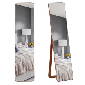 HOMCOM Espejo de Pie Cuerpo Entero Rectangular Espejo de Pared con 2 Formas de Uso Marco de Madera de Pino Moderno para Pasillo Dormitorio Sala de Estar 37x43x156 cm Nogal