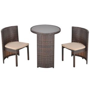 Outsunny Conjunto de Muebles Ratán de Jardín 3 Piezas con 1 Mesa de Café y 2 Sillas con Cojines para Terraza Exterior Fácil Almacenaje Acero Marrón