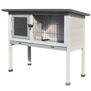 PawHut Conejera de Madera Caseta Exterior Refugio para Mascotas Pequeñas Conejos Cobayas con Bandeja Extraíble y Techo Asfáltico 86x45x70 cm Gris y Negro