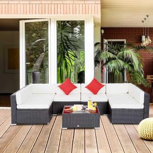 Outsunny Conjunto de Muebles para Jardín de Ratán 7 Piezas Set de Sofás y Mesita de Centro Color Marrón con Almohadas Blanco Crema y Cojines Decorativos Rojos para Patio Terraza