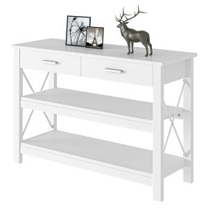 HOMCOM Mesa Consola Mesa de Recibidor Entrada con 2 Cajones y Estantes Inferiores Estilo Moderno Marco Metálico 105x40x76 cm Blanco