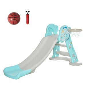 HOMCOM Tobogán Infantil Plegable con Canasta de Baloncesto para Niños +18 Meses Modelo Ovni para Interiores y Exteriores 140x87x75 cm Azul y Gris