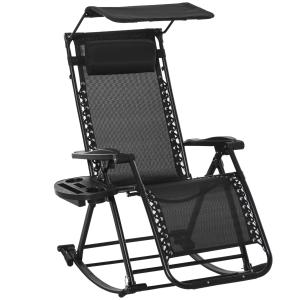 Outsunny Silla Mecedora de Jardín Plegable Tumbona Reclinable con Techo Protección Solar Reposacabezas Extraíble y Reposapiés Estructura de Acero 120x67x102 cm Negro