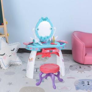 HOMCOM Juego de Tocador con Taburete Función de Música Luces para Niñas de +3 Años Incluye 29 Piezas Tocador de Juguete Infantil 49,5x23,5x69,5 cm Azul