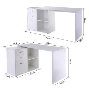 HOMCOM Mesa de Ordenador con 2 Estantes y 3 Cajones Escritorio 2 Posiciones en Forma L y Recto Blanco