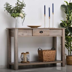 HOMCOM Mesa Tipo Consola Estilo Colonial Mesa Auxiliar para Pasillos Entradas Dormitorio con Cajón Estante Inferior 120x39x81 cm Gris