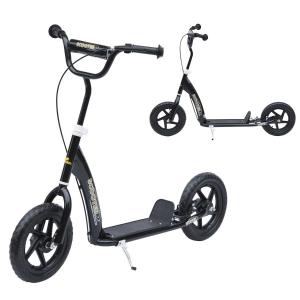 HOMCOM Patinete Scooter 2 Ruedas 12 Pulgadas Monopatín para Niños y Adultos Manillar Ajustable con Freno y Caballete Carga 100kg 120x52x75-86cm Acero