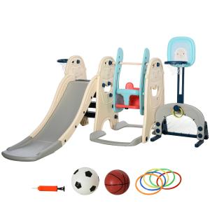 HOMCOM Tobogán y Columpio para Niños 5 en 1 con 2 Canastas Baloncesto y Portería Fútbol para Niños de +1 Año Parque Infantil Interior y Exterior 220x225x110 cm Multicolor
