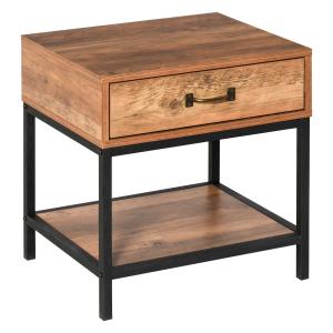 HOMCOM Mesita de Noche Mesa Auxiliar con Cajón y Estante Estilo Industrial para Dormitorio Sala de Estar 48x40x51,5 cm Teca y Negro