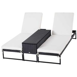 Outsunny Conjunto de 2 Tumbonas de Jardín con Cojines Acolchados Ratán con Mesa Auxiliar Carga 160kg 195x60x86 cm