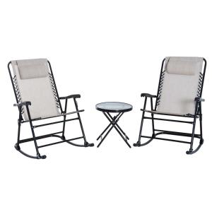 Outsunny Set de Muebles de Jardín Mesa Redonda Ø46x49 cm y 2 Sillas Mecedoras 68x90x106 cm Plegables con Bloqueo para Exterior Patio Beige