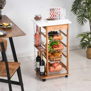 HOMCOM Carrito de Cocina Carro Multiusos de 5 Niveles con Cajón Bastidores Laterales Cestas Extraíbles de Metal 4 Ruedas 47x37x83 cm Madera Natural