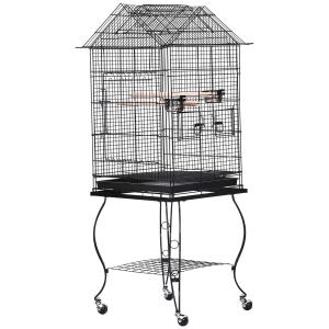 PawHut Jaula para Pájaros con Soporte y Ruedas Bandeja Extraíble 2 Comederos Repisa Inferior Metal para Canarios Periquitos Loros 51x51x135 cm Negro