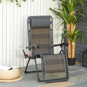 Outsunny Tumbona Plegable de Ratán con Respaldo Ajustable Reposacabezas Extraíble Portavasos y Soporte para Teléfono Jardín Terraza al Aire Libre 65x70x110 cm Gris