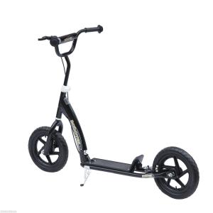 HOMCOM Patinete Scooter 2 Ruedas 12 Pulgadas Monopatín para Niños y Adultos Manillar Ajustable con Freno y Caballete Carga 100kg 120x52x75-86cm Acero Negro