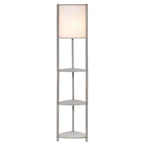 HOMCOM Lámpara de Pie de Madera con 3 Estantes Pantalla PVC Interruptor de Pie Estilo Moderno para Dormitorio Sala de Estar Salón Estudio 32x32x150 cm Roble Gris y Blanco