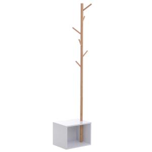 HOMCOM Perchero de Pie con Zapatero Colgador Tipo Árbol Moderno 6 Ganchos Colgador de Ropa Bolsa Banco con Almacenamiento Pasillo Entrada Bambú y MDF 40x30x180cm