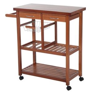 HOMCOM Carrito de Cocina Mesa Servicio Auxiliar Madera y Metal Cromado con 4 Ruedas 2 Cajones y Botellero 85x37x85 cm