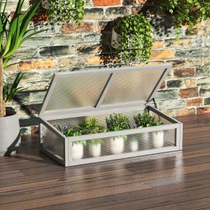 Outsunny Invernadero de Madera Natural y Policarbonato 90x46x28 cm con Tapa Inclinada Caseta de Plantas para Jardín Huerto Terraza Protección del Clima Gris