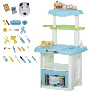 HOMCOM Centro Médico veterinario con 43 Piezas Juego de Rol Educativo para Niños de +3 Años con Herramientas Estante y Armario 50x32x86 cm Azul