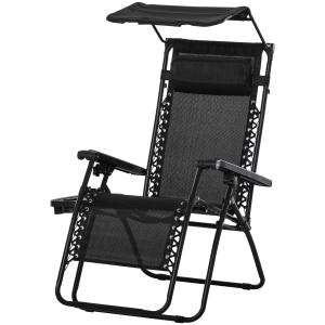 Outsunny Tumbona Plegable Silla de Gravedad Cero Reclinable con Toldo de Sombra con Bandeja Portavasos Portátil Textilene para Jardín Balcón Carga 150kg 90x67x110 cm Negro