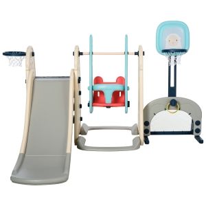 HOMCOM Tobogán y Columpio para Niños 5 en 1 con 2 Canastas Baloncesto y Portería Fútbol para Niños de 18-48 Meses Parque Infantil Interior y Exterior 220x225x110 cm Multicolor