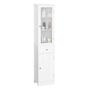 kleankin Armario Alto para Baño Mueble Auxiliar de Baño de Estilo Moderno con 2 Puertas Estantes Ajustables y 1 Cajón 40x27x171,5 cm Blanco