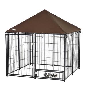 PawHut Parque para Perros con Toldo Perrera Metálica de Exterior con Soporte Giratorio para Comida 2 Cuencos Incluidos y Cerradura para Mascotas Jardín 141x141x121 cm Negro