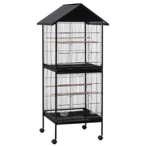 PawHut Jaula Grande para Pájaros de 2 Pisos con Ruedas 8 Comederos 4 Perchas y Bandejas Extraíbles para Canarios Loros 71,5x72x170 cm Negro