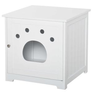 PawHut Casa para Gatos de Madera Mueble Arenero Gatos con Puerta y Entrada en Forma de Garra Cueva de Gatos para Descanso 48x51x51 cm Blanco