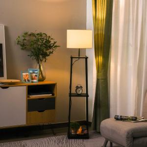 HOMCOM Lámpara de Pie Iluminación Moderna Multifuncional con 3 Estantes de Almacenaje Interruptor de Pedal 34,5x34,5x150 cm Negro y Crema