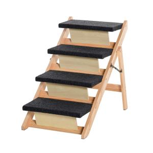 PawHut Escalera de Madera para Perros Plegable 2 en 1 Rampa para Mascotas Portátil con 4 Escalones para Acceso al Sofá y Cama Alta 80x47x64 cm Negro y Natural