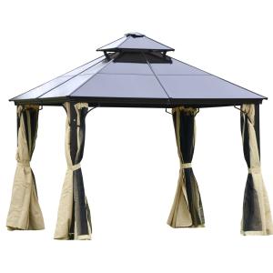 Outsunny Cenador 3x3 m con Doble Techo de Policarbonato y 4 Cortinas 4 Mosquiteras con Cremallera Marco de Aluminio Exterior Fiestas Beige y Negro
