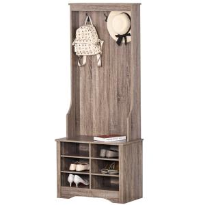 HOMCOM Perchero Zapatero con Banco 3 Ganchos y 6 Compartimentos para Zapatos Estilo Vintage Pasillo Entrada 68,5x39,5x173 cm Color Madera