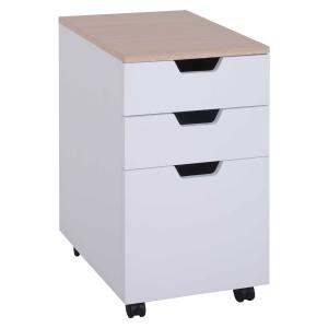 HOMCOM Armario Móvil para Oficina con 3 Cajones Ruedas Universales Freno Cajonera para Organizar Documentos 34x40x60,5 cm Blanco y Natural