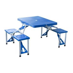 Outsunny Mesa Plegable para Camping con 4 asientos Y Orificio Sombrilla Estructura Aluminio Playa Picnic 84,5x64,5x66cm Azul