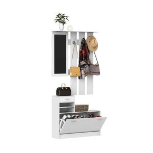 HOMCOM Conjunto de Muebles de Entrada Recibidor Pasillo Set de 3 Piezas Perchero Espejo Zapatero con Cajón 90x22x116cm Madera Blanco