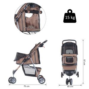 PawHut Cochecito Plegable Mascotas 75x45x97cm Perros Gatos Carrito Ruedas giran 360 grados con freno Café