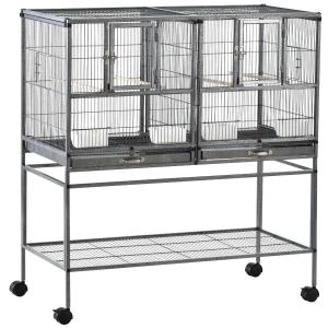 PawHut Doble Jaula Individual para Pájaros Pequeños Jaula Grande para Aves con 4 Ruedas Bandejas Múltiples Puertas 4 Comederos 4 Perchas 95x45,5x102cm