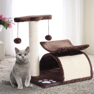 PawHut Rascador para Gatos Árbol Rascador Centro de Actividad Poste Giratorio con Bolas de Juego Plataforma Caseta 40x30x43cm Sisal Natural